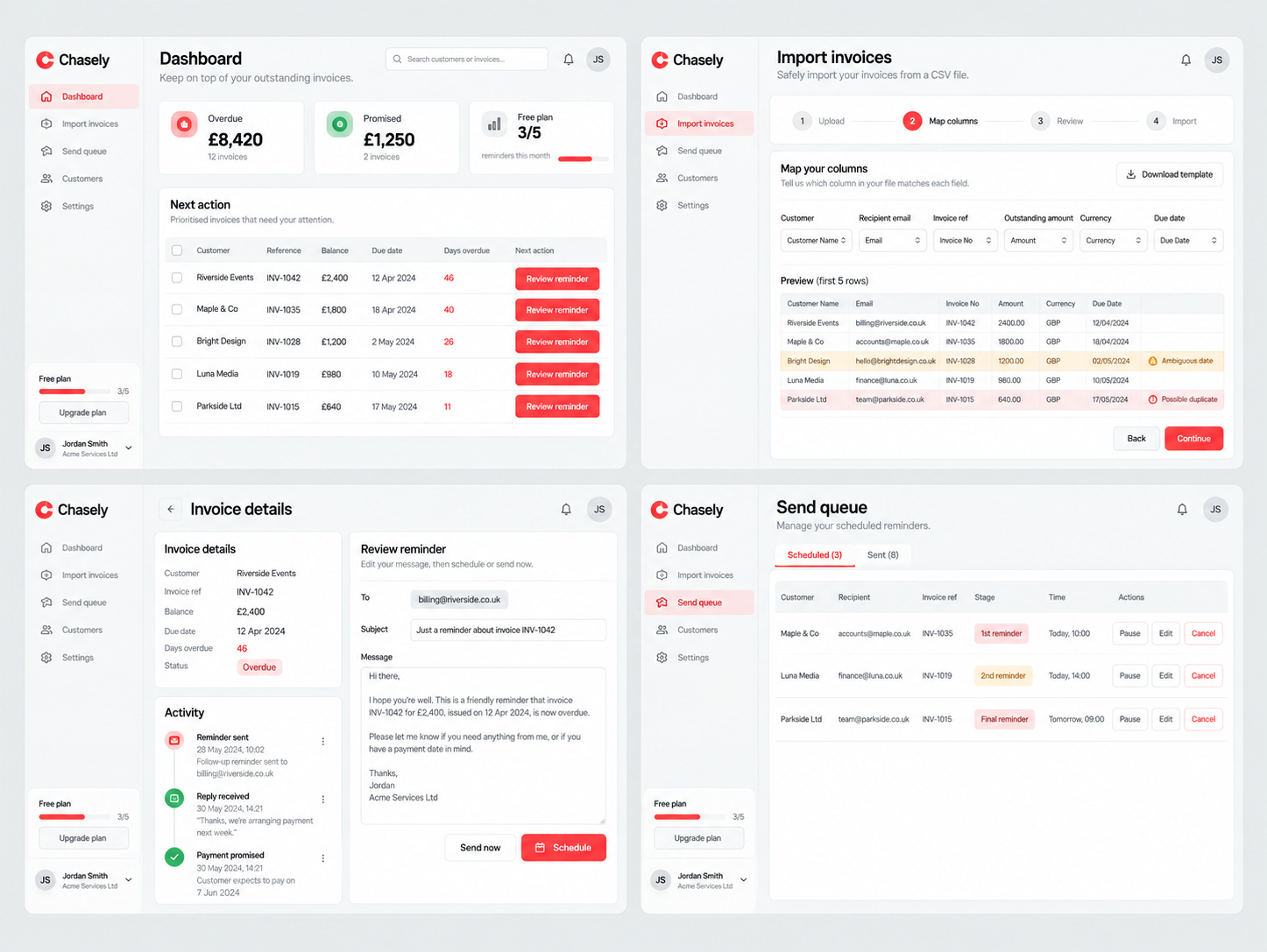 Chasely product design showing an invoice dashboard, an import review, invoice reminder details and a send queue
